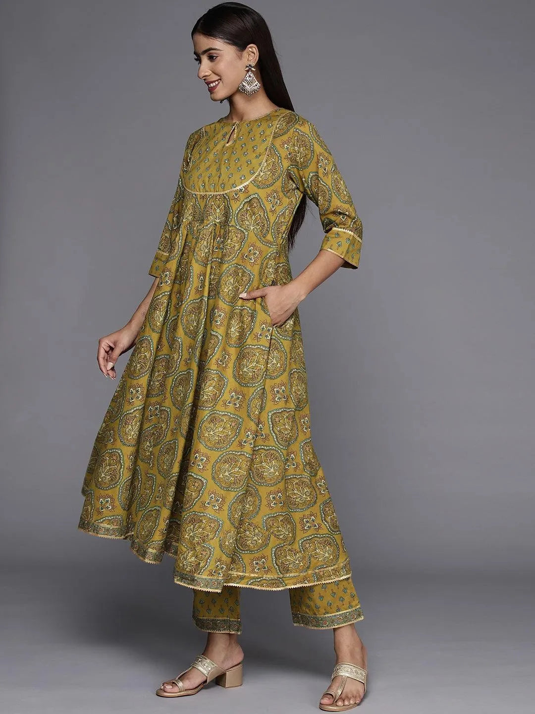 Mustard Printed Cotton Anarkali Kurta With Trousers & Dupatta - Libas 