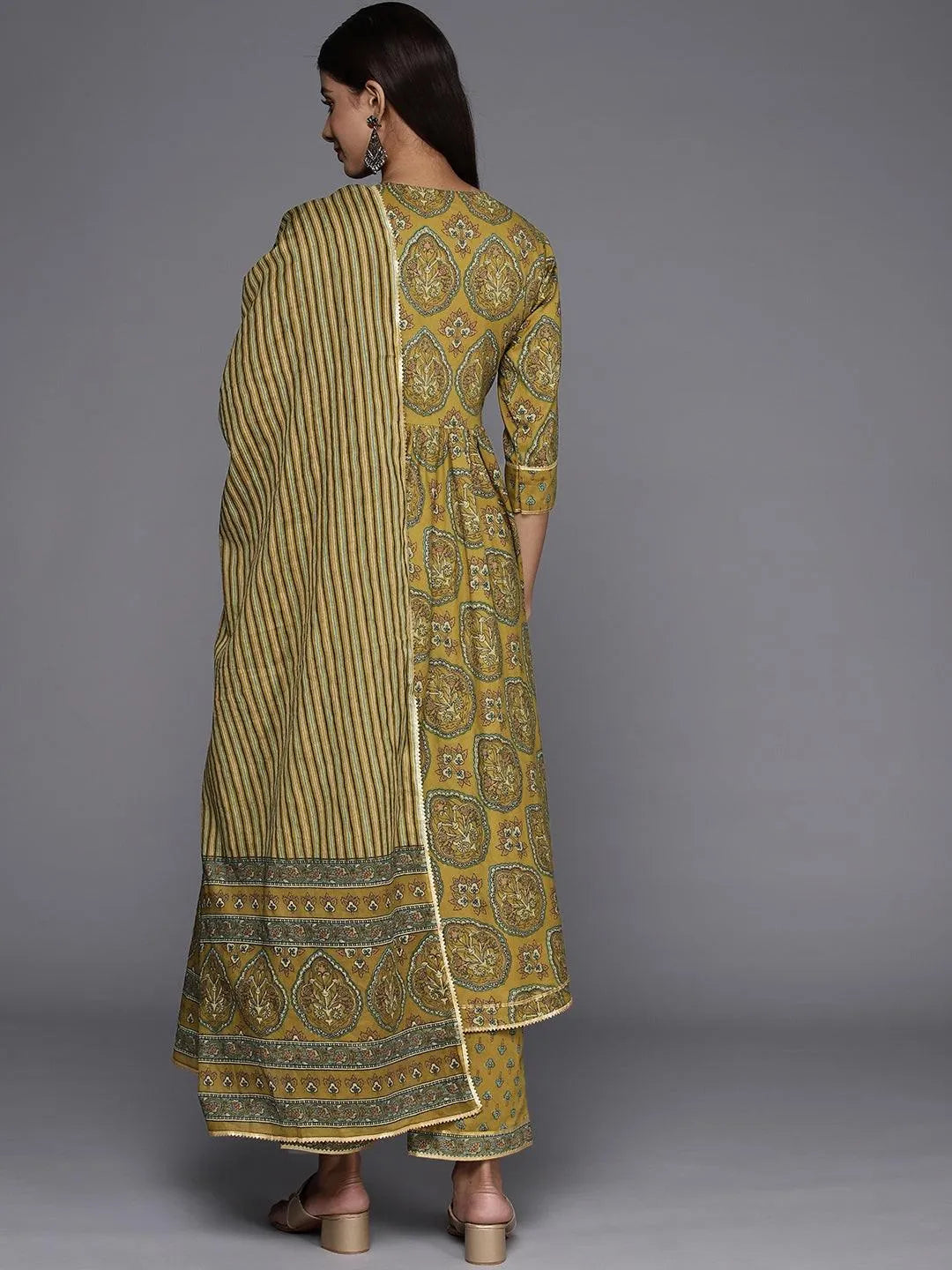 Mustard Printed Cotton Anarkali Kurta With Trousers & Dupatta - Libas 
