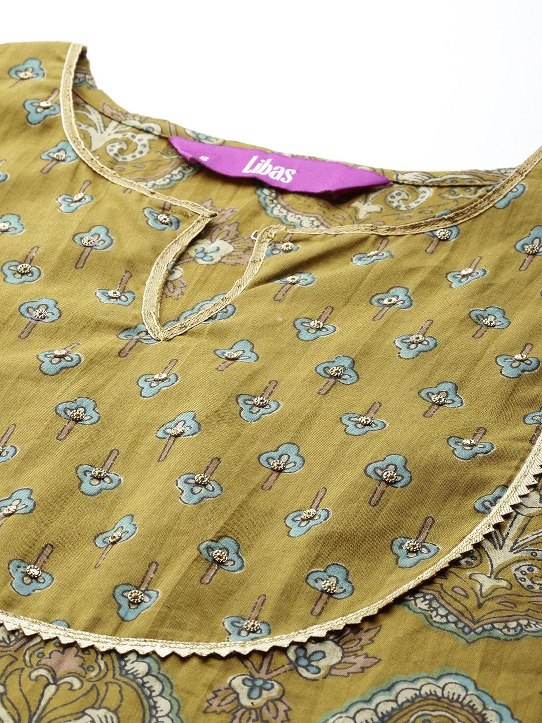 Mustard Printed Cotton Anarkali Kurta With Trousers & Dupatta - Libas