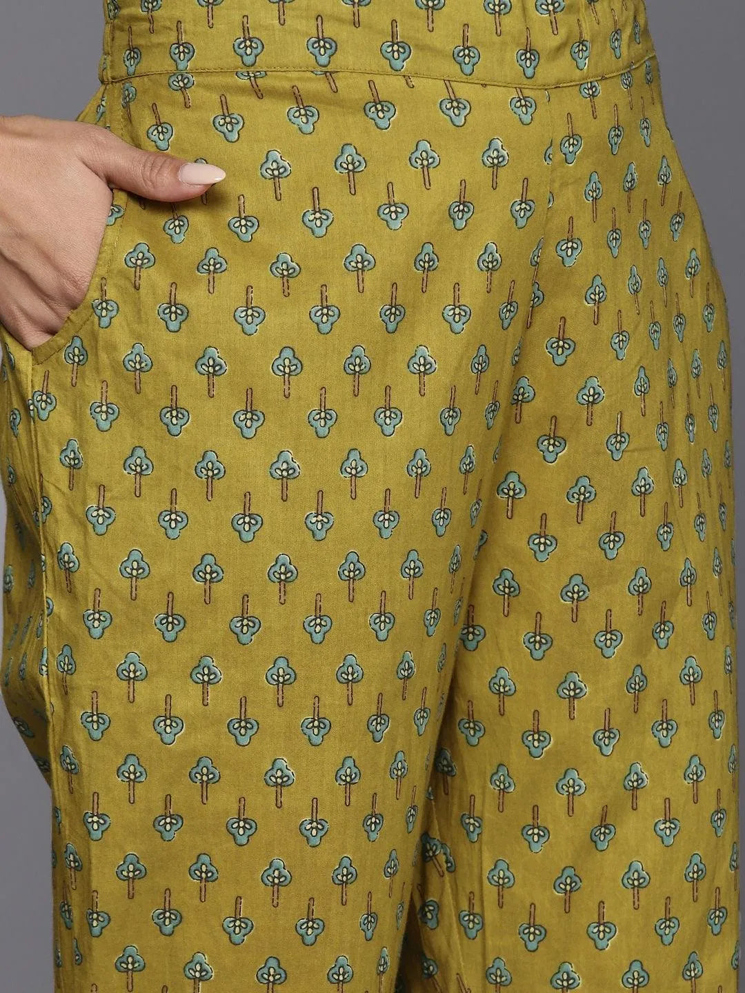 Mustard Printed Cotton Anarkali Kurta With Trousers & Dupatta - Libas 