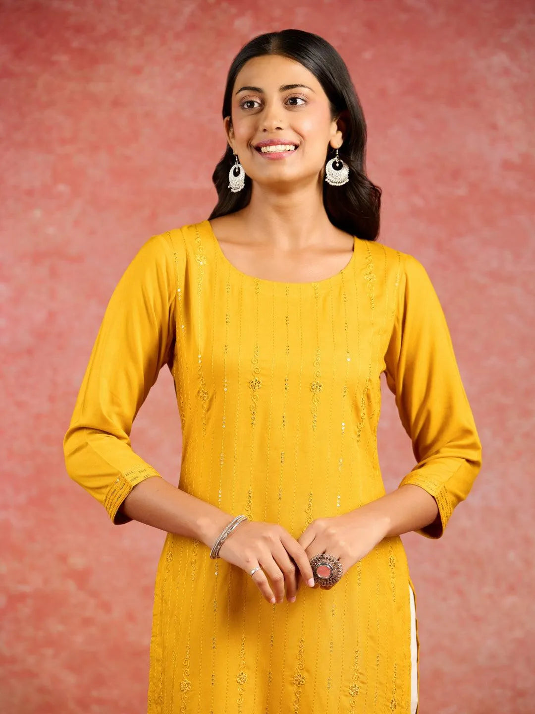 Mustard Sequins Rayon Straight Kurta - Libas 