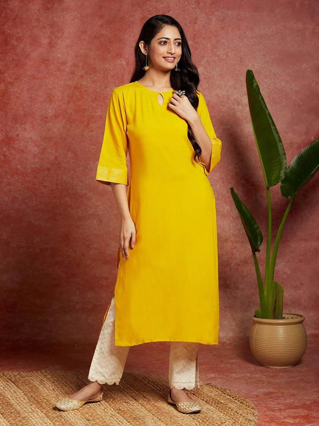 Mustard Solid Rayon Straight Kurta - Libas