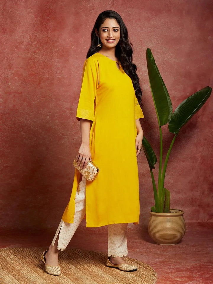 Mustard Solid Rayon Straight Kurta - Libas