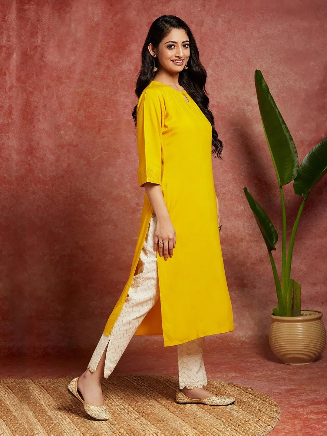 Mustard Solid Rayon Straight Kurta - Libas 