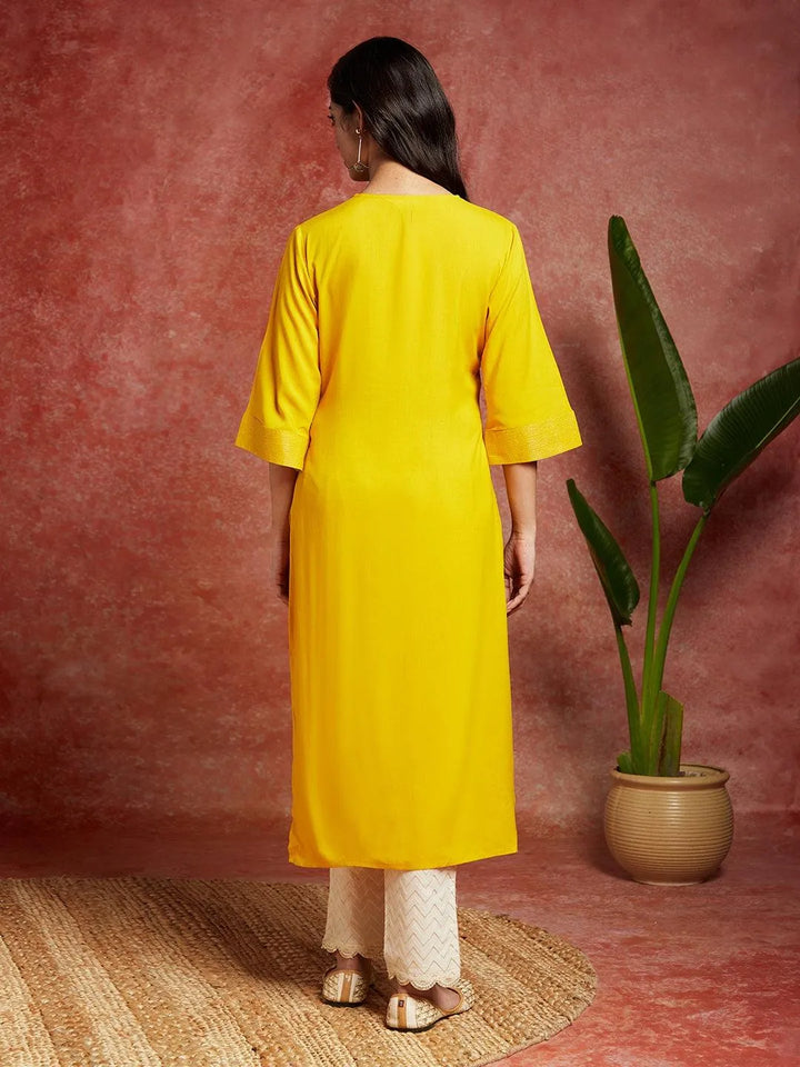 Mustard Solid Rayon Straight Kurta - Libas