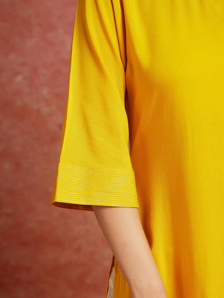 Mustard Solid Rayon Straight Kurta - Libas