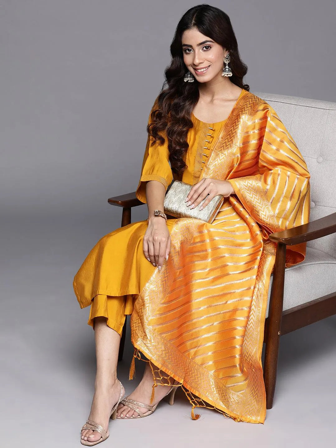 Mustard Solid Silk Blend Straight Kurta With Trousers & Dupatta - Libas 