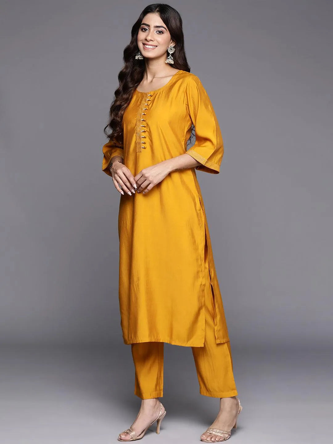 Mustard Solid Silk Blend Straight Kurta With Trousers & Dupatta - Libas 