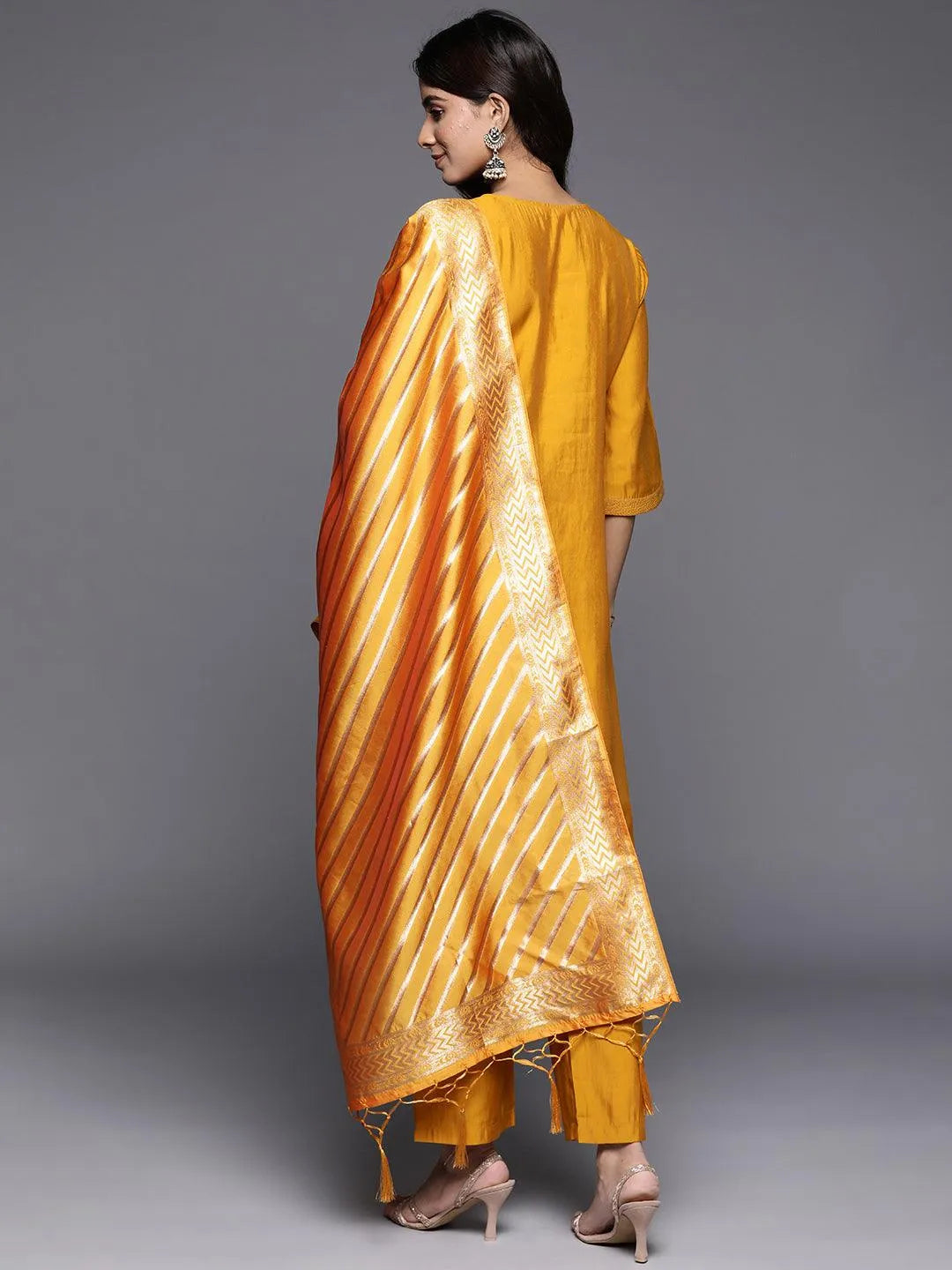 Mustard Solid Silk Blend Straight Kurta With Trousers & Dupatta - Libas 