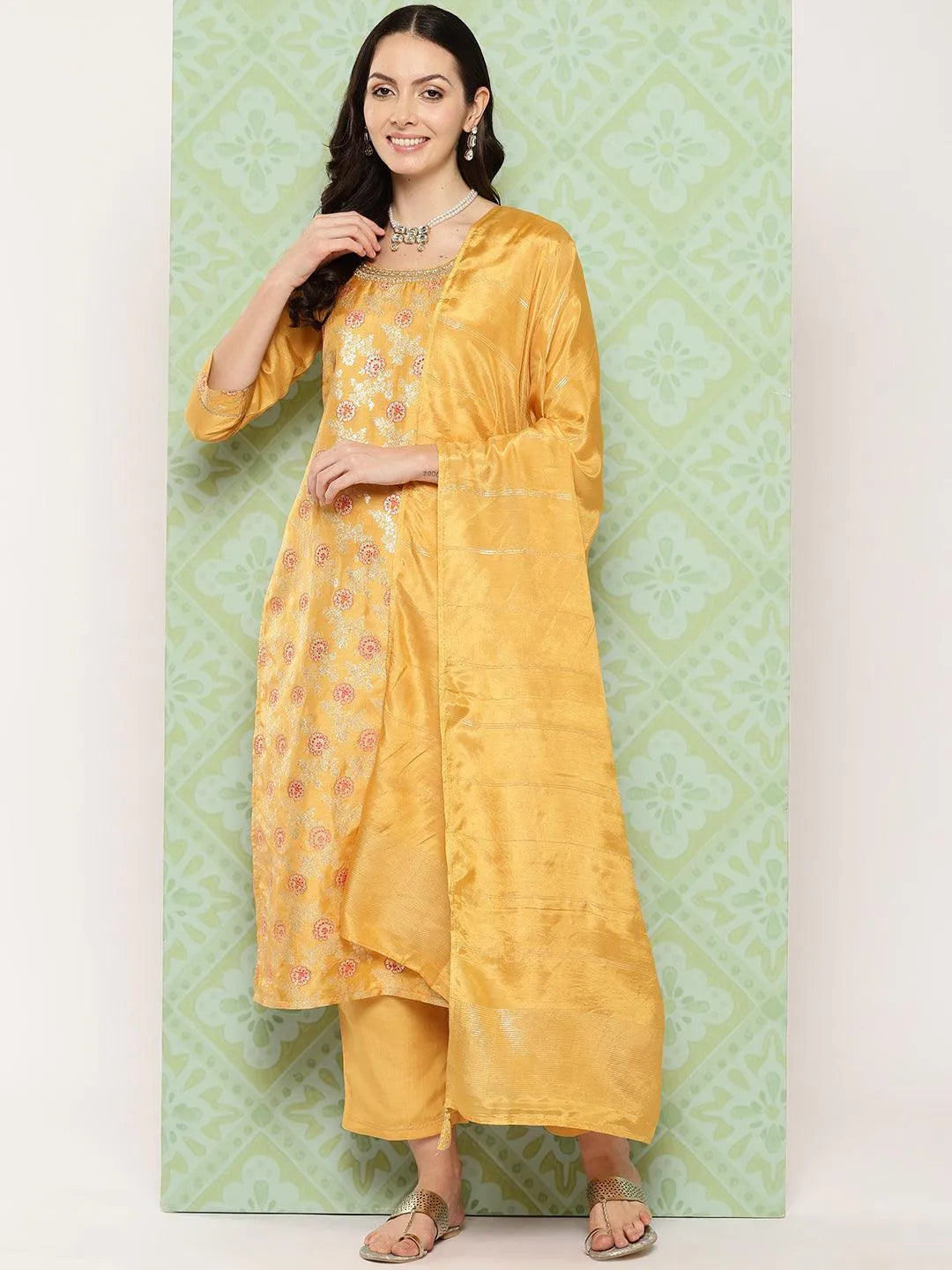 Mustard Woven Design Silk Blend Straight Kurta With Trousers & Dupatta - Libas