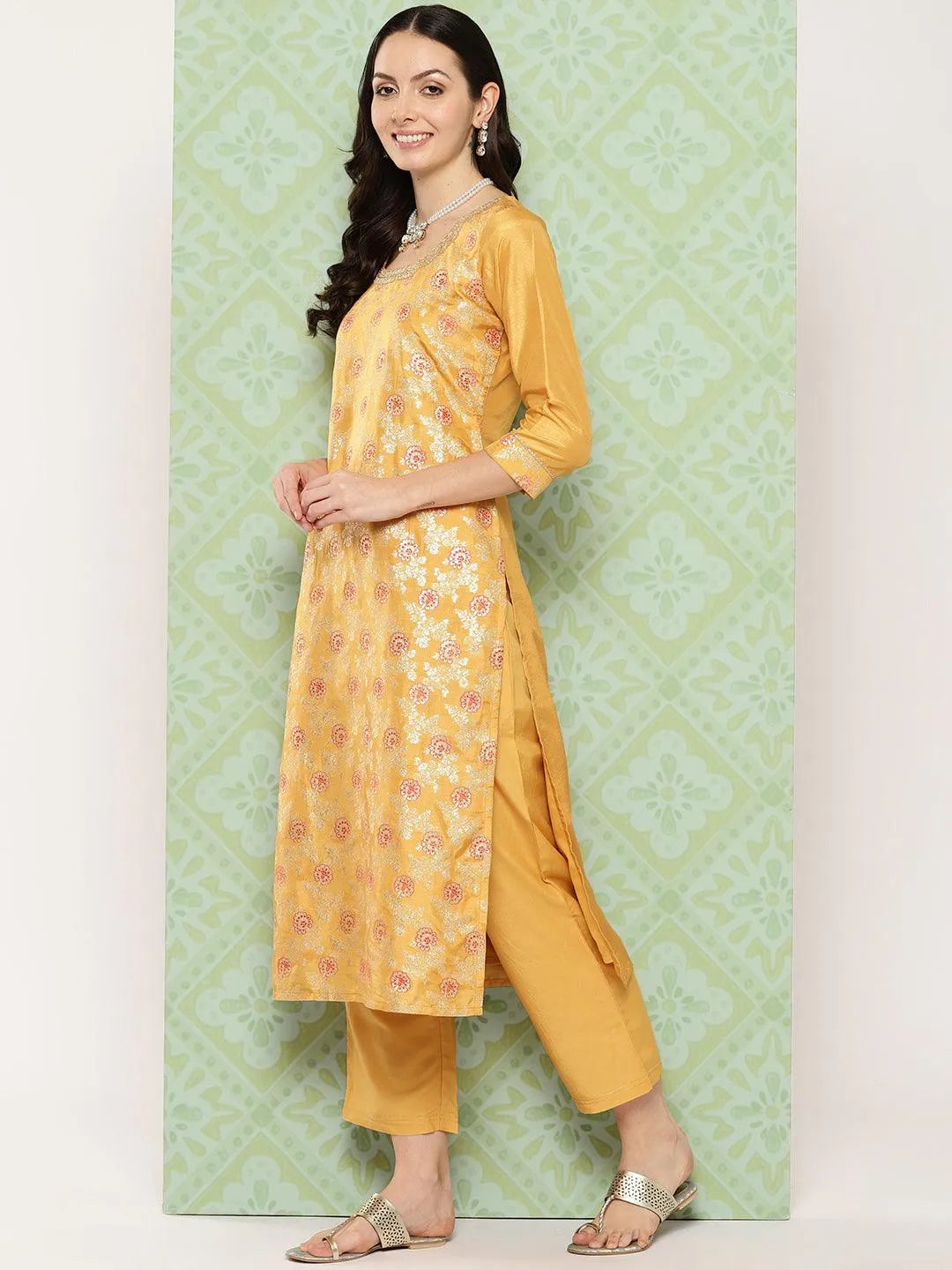 Mustard Woven Design Silk Blend Straight Kurta With Trousers & Dupatta - Libas 