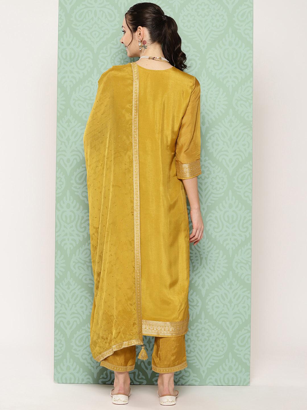 Mustard Woven Design Silk Blend Straight Kurta With Trousers & Dupatta - Libas