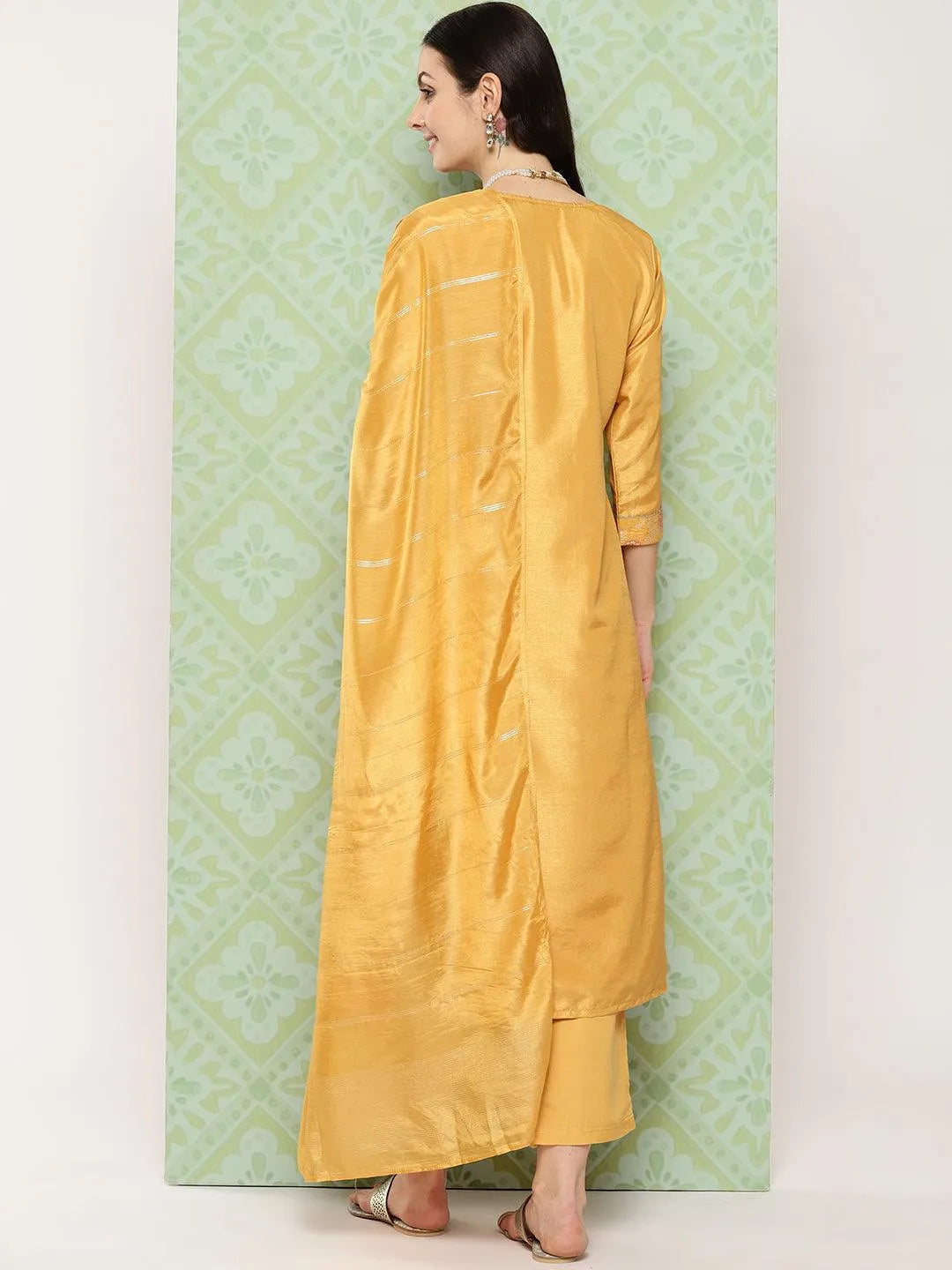 Mustard Woven Design Silk Blend Straight Kurta With Trousers & Dupatta - Libas 