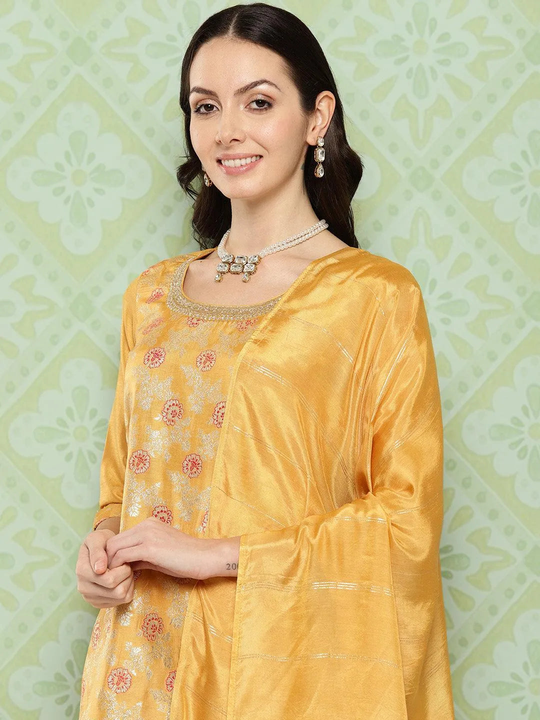 Mustard Woven Design Silk Blend Straight Kurta With Trousers & Dupatta - Libas 