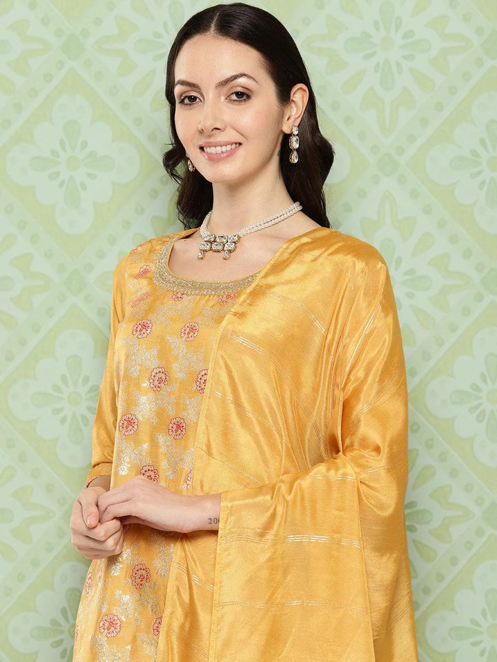 Mustard Woven Design Silk Blend Straight Kurta With Trousers & Dupatta - Libas