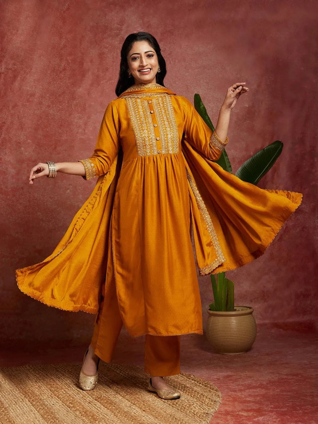 Mustard Yoke Design Silk Blend A-Line Kurta With Trousers & Dupatta - Libas