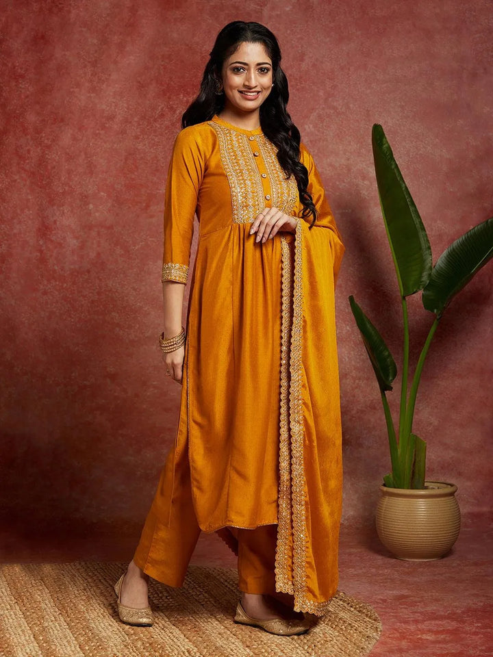 Mustard Yoke Design Silk Blend A-Line Kurta With Trousers & Dupatta - Libas