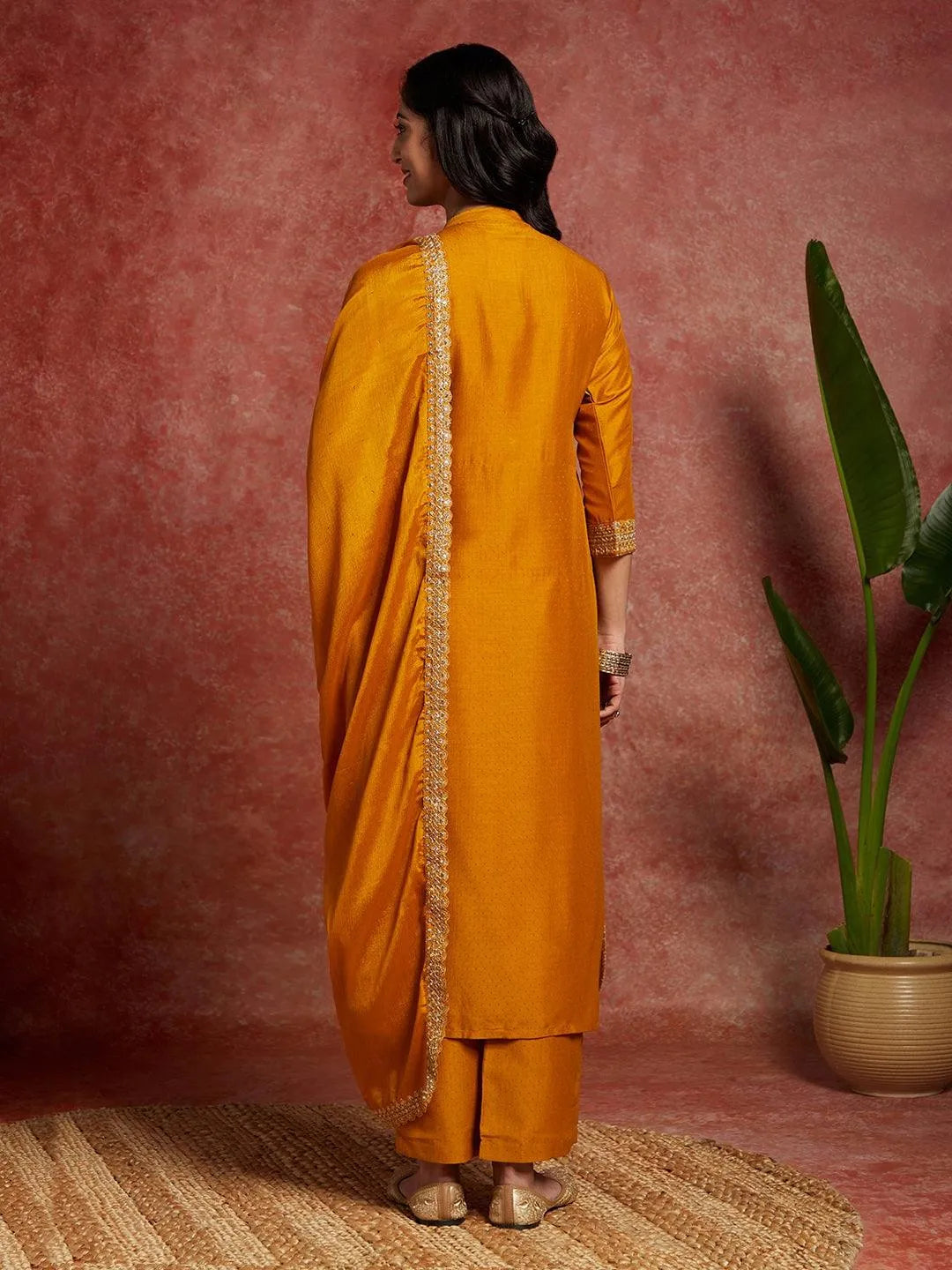 Mustard Yoke Design Silk Blend A-Line Kurta With Trousers & Dupatta - Libas