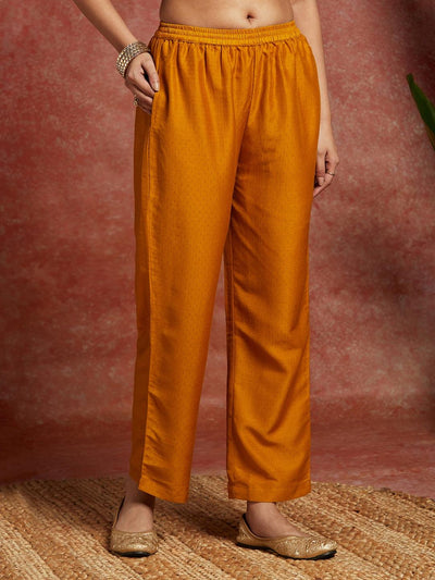 Mustard Yoke Design Silk Blend A-Line Kurta With Trousers & Dupatta - Libas