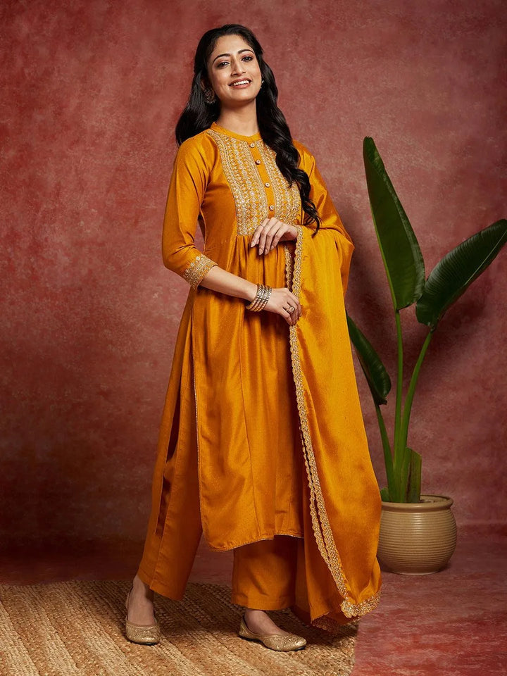 Mustard Yoke Design Silk Blend A-Line Kurta With Trousers & Dupatta - Libas