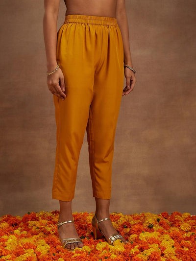 Mustard Yoke Design Silk Blend Anarkali Kurta With Trousers & Dupatta - Libas