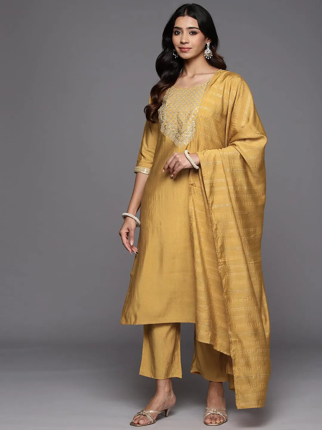 Mustard Yoke Design Silk Blend Straight Kurta With Trousers & Dupatta - Libas