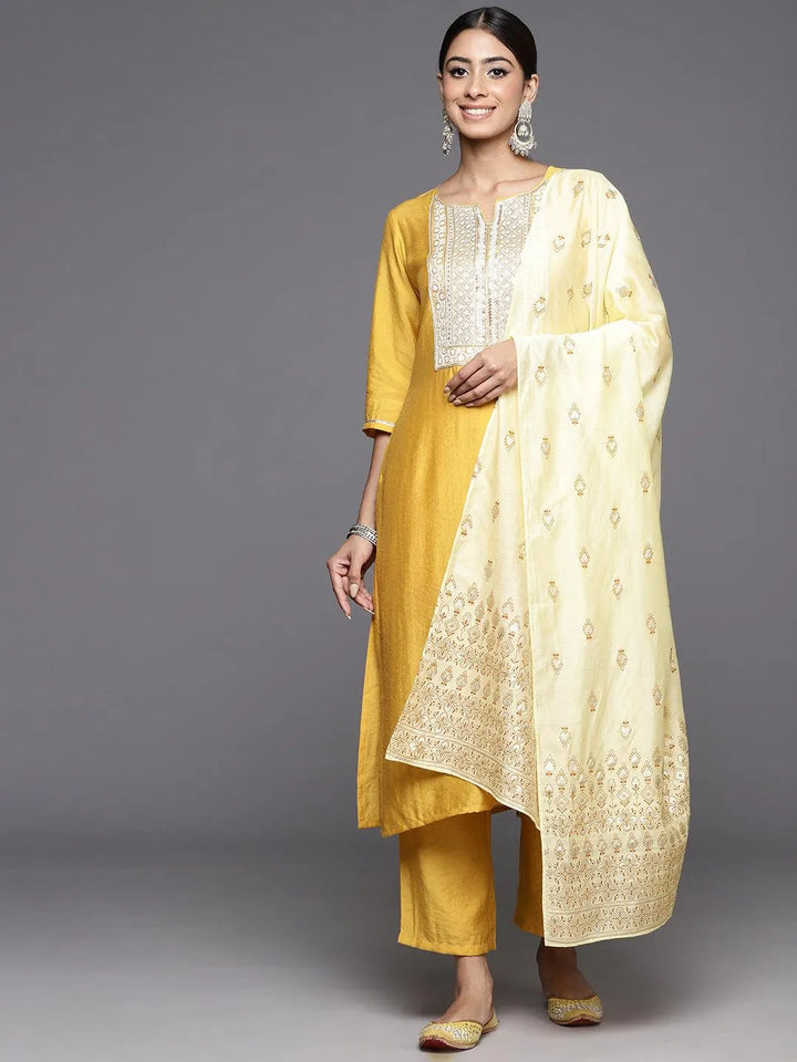 Mustard Yoke Design Silk Blend Straight Kurta With Trousers & Dupatta - Libas