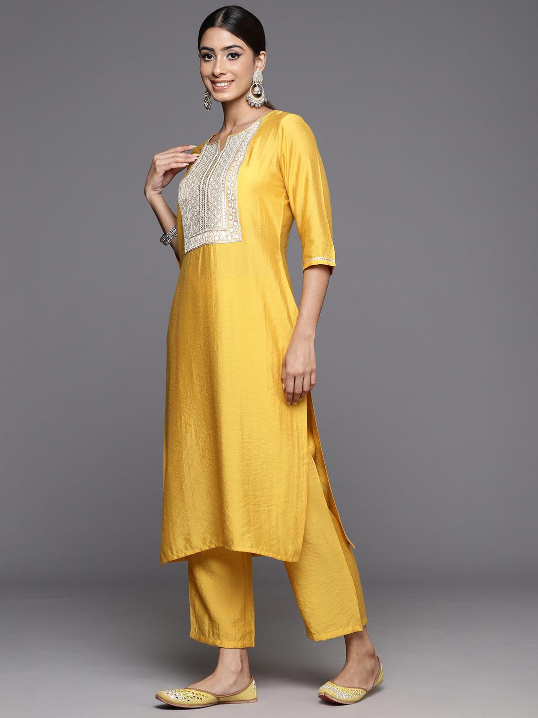 Mustard Yoke Design Silk Blend Straight Suit With Dupatta