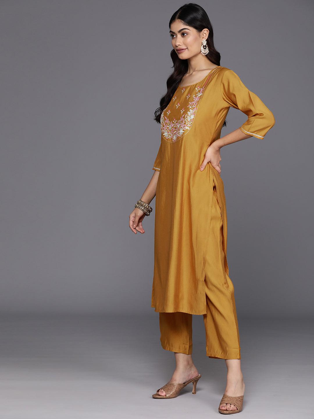 Women Silk Blend Mustard Stripe Print Kurta Comfort Pant Dupatta main image 1