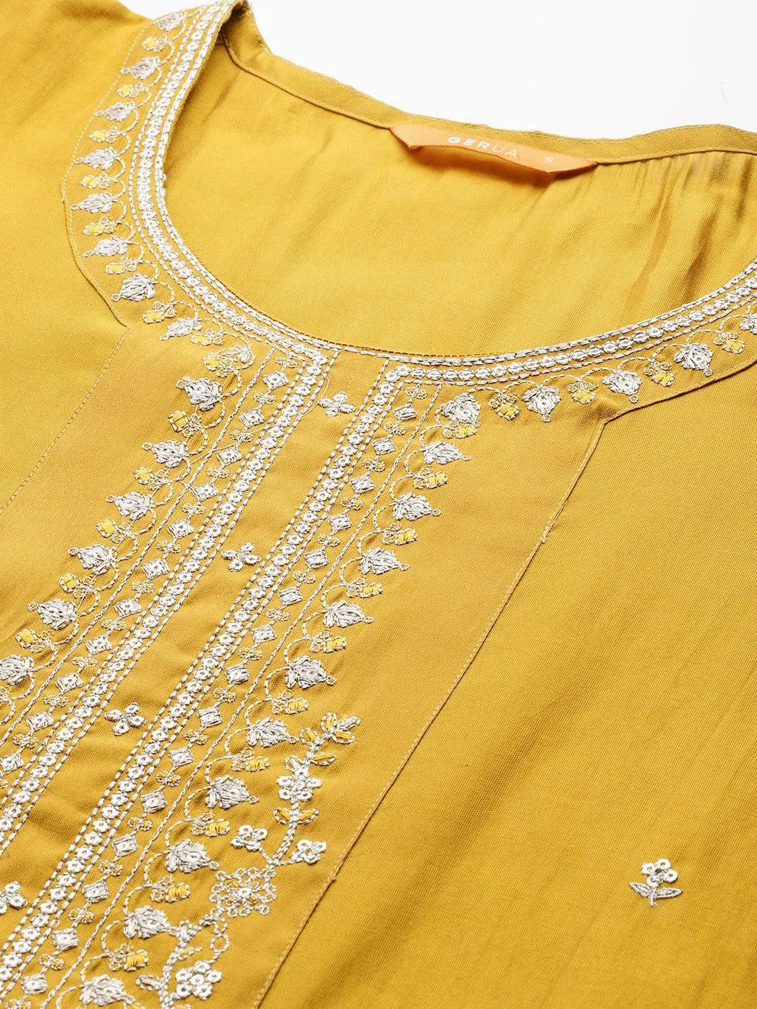Mustard Yoke Design Silk Blend Straight Kurta With Trousers & Dupatta - Libas 