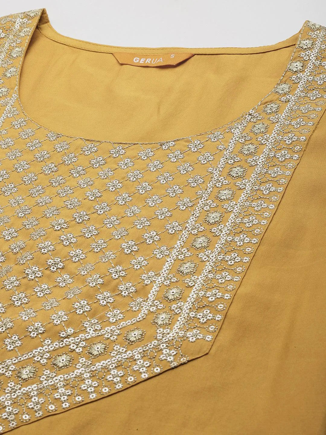 Mustard Yoke Design Silk Blend Straight Kurta With Trousers & Dupatta - Libas