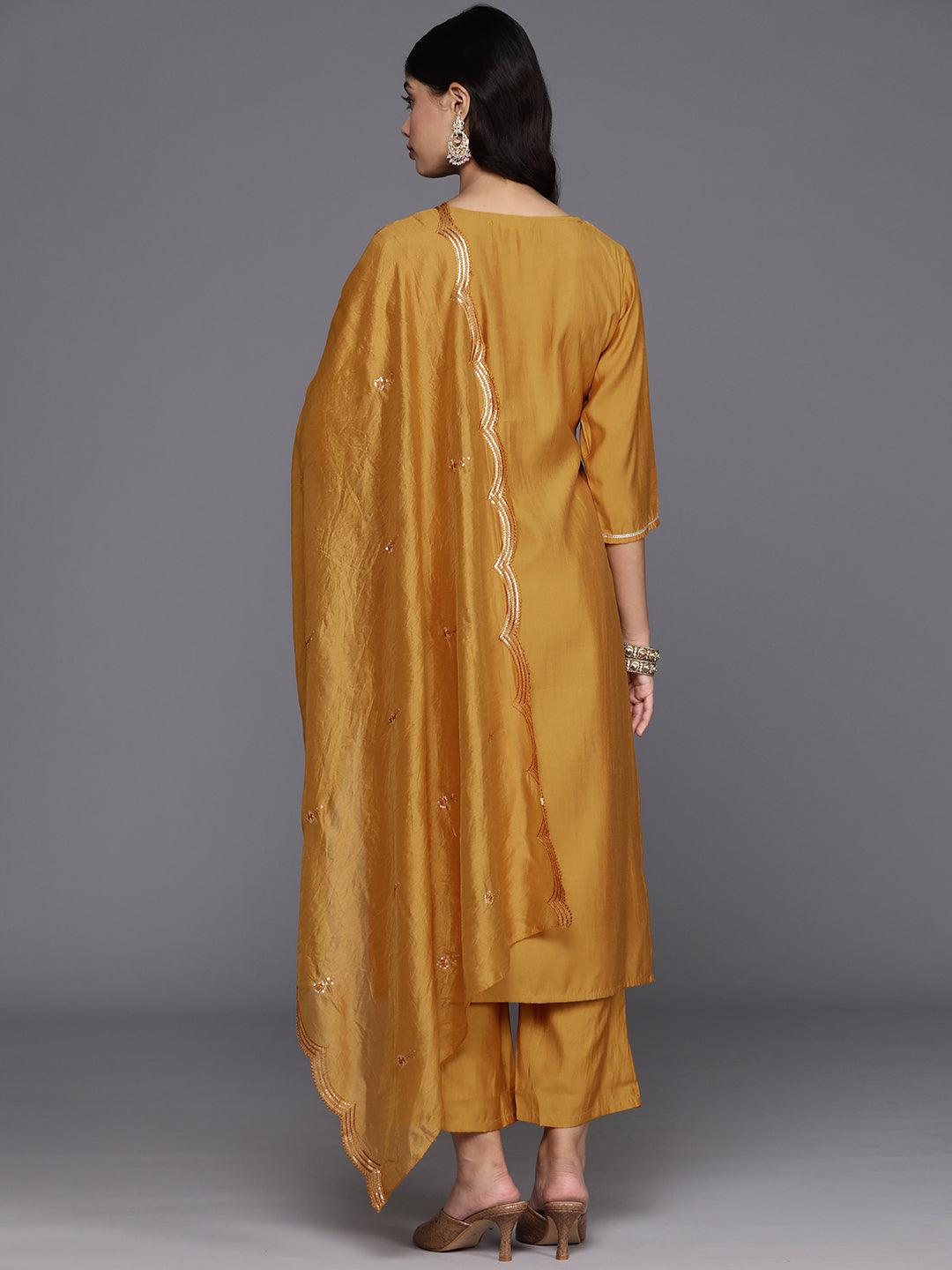 Wine Yoke Design Silk Blend Straight Kurta With Trousers & Dupatta