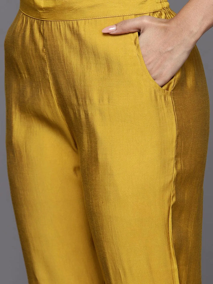 Mustard Yoke Design Silk Blend Straight Kurta With Trousers & Dupatta - Libas