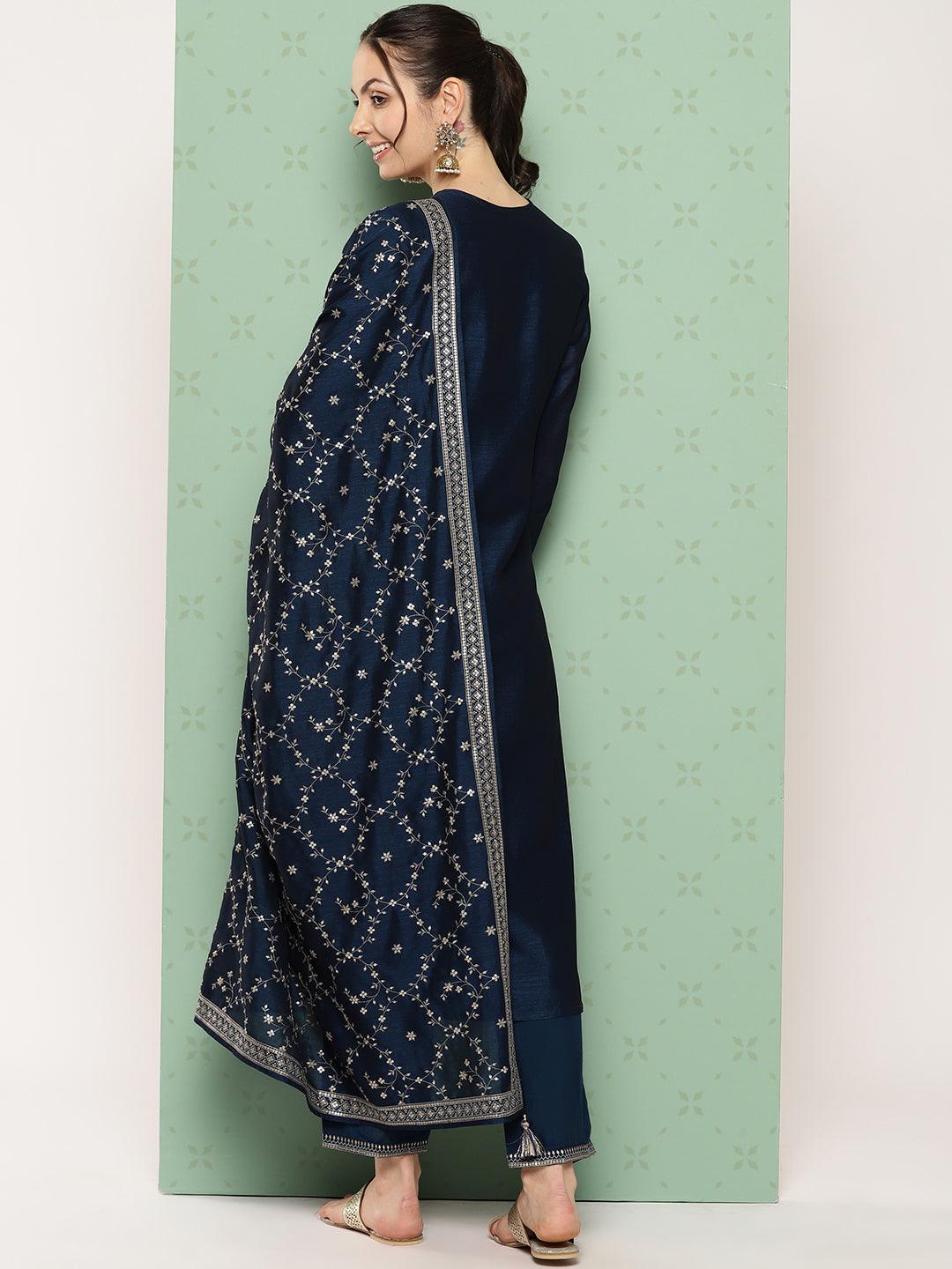 Navy Blue Embroidered Silk Blend Straight Kurta With Trousers & Dupatta - Libas