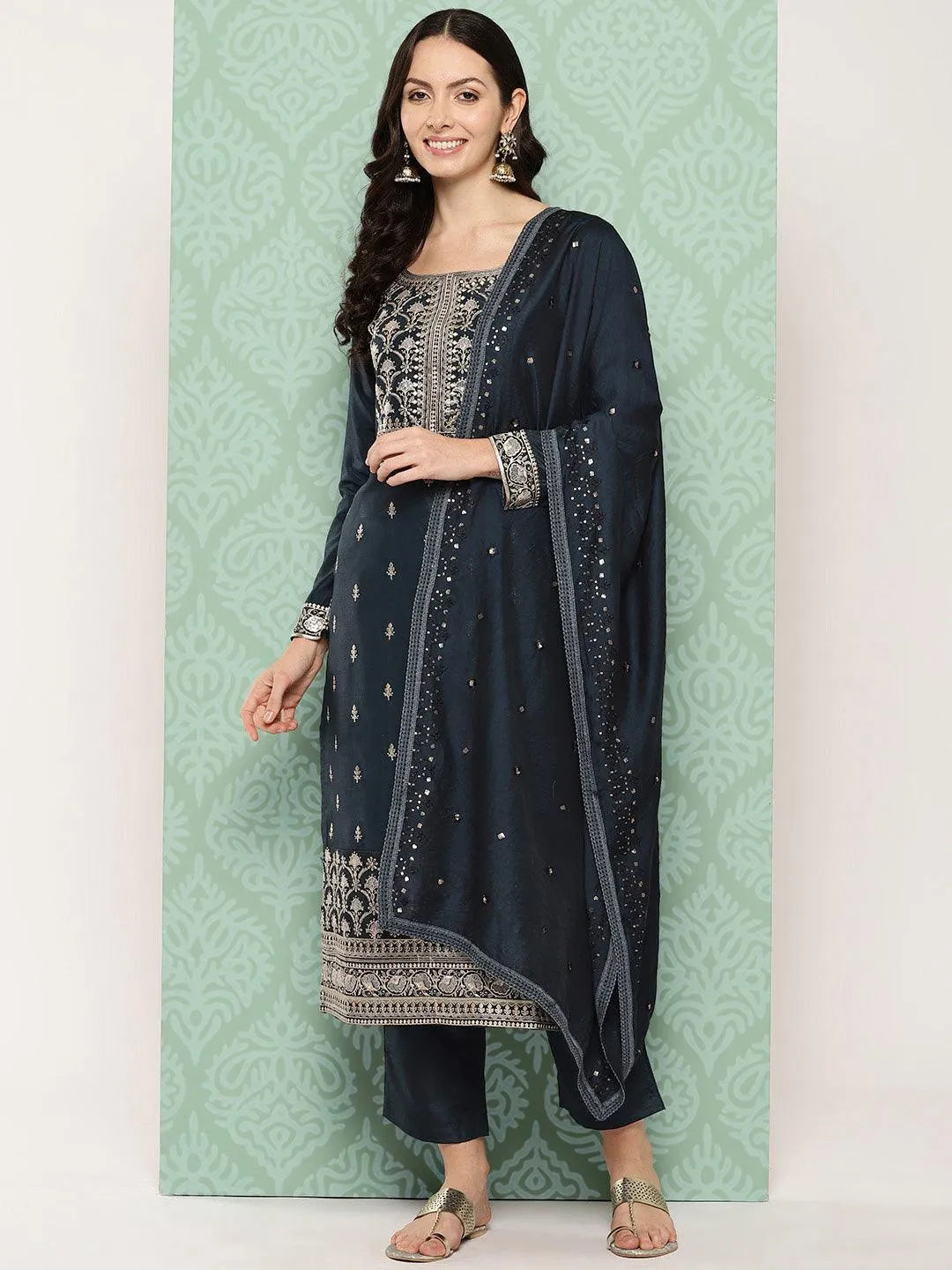 Navy Blue Printed Silk Straight Kurta With Trousers & Dupatta - Libas 