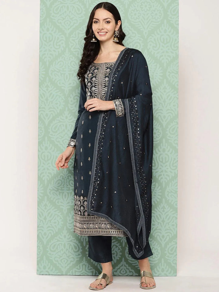 Navy Blue Printed Silk Straight Kurta With Trousers & Dupatta - Libas