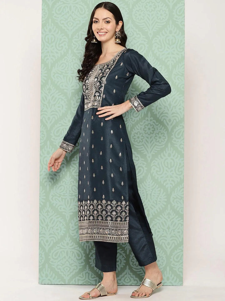 Navy Blue Printed Silk Straight Kurta With Trousers & Dupatta - Libas