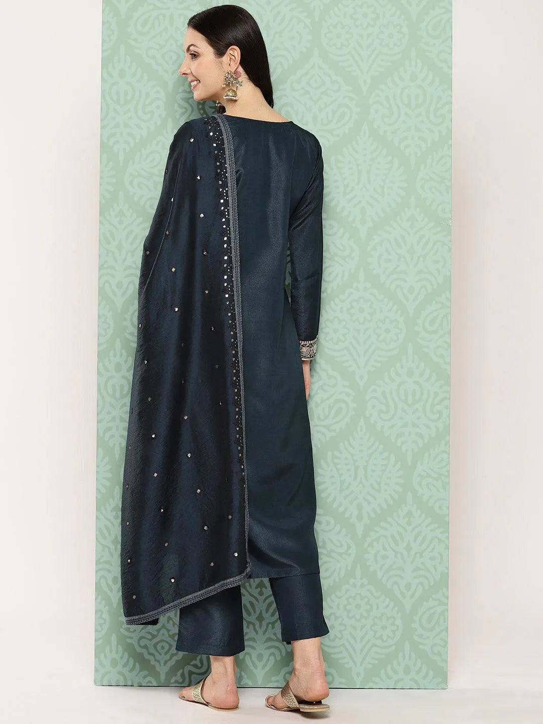 Navy Blue Printed Silk Straight Kurta With Trousers & Dupatta - Libas 