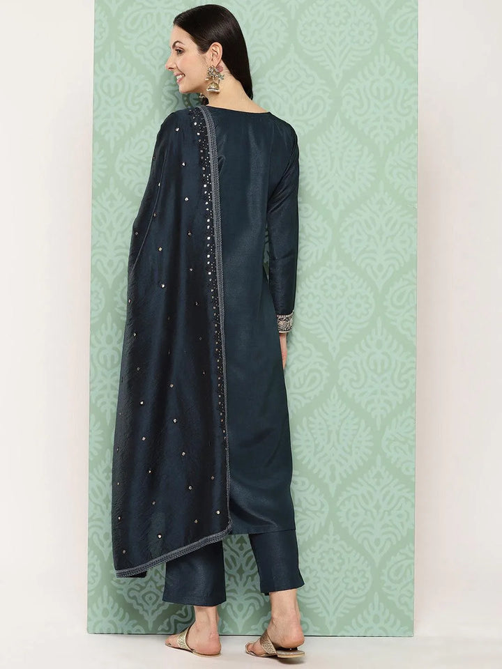 Navy Blue Printed Silk Straight Kurta With Trousers & Dupatta - Libas