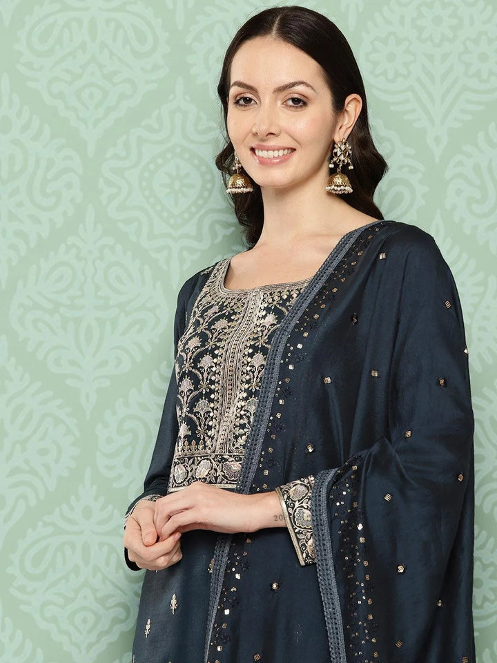 Navy Blue Printed Silk Straight Kurta With Trousers & Dupatta - Libas