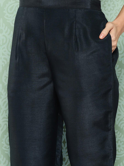 Navy Blue Printed Silk Straight Kurta With Trousers & Dupatta - Libas