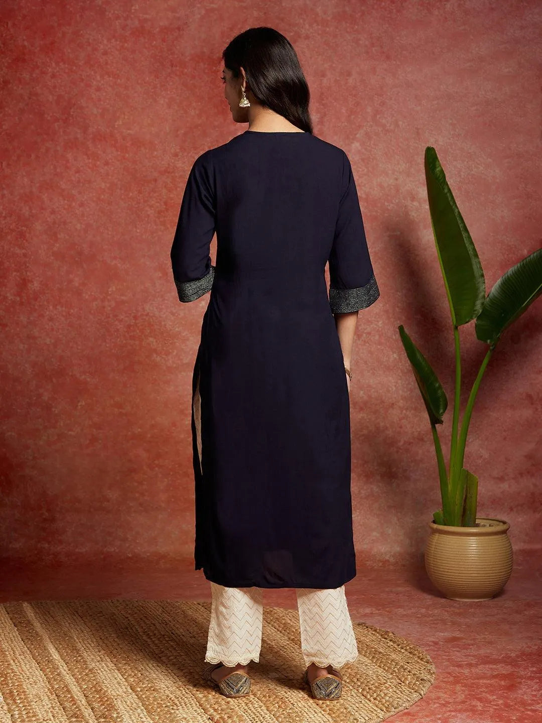 Navy Blue Solid Rayon Straight Kurta - Libas 
