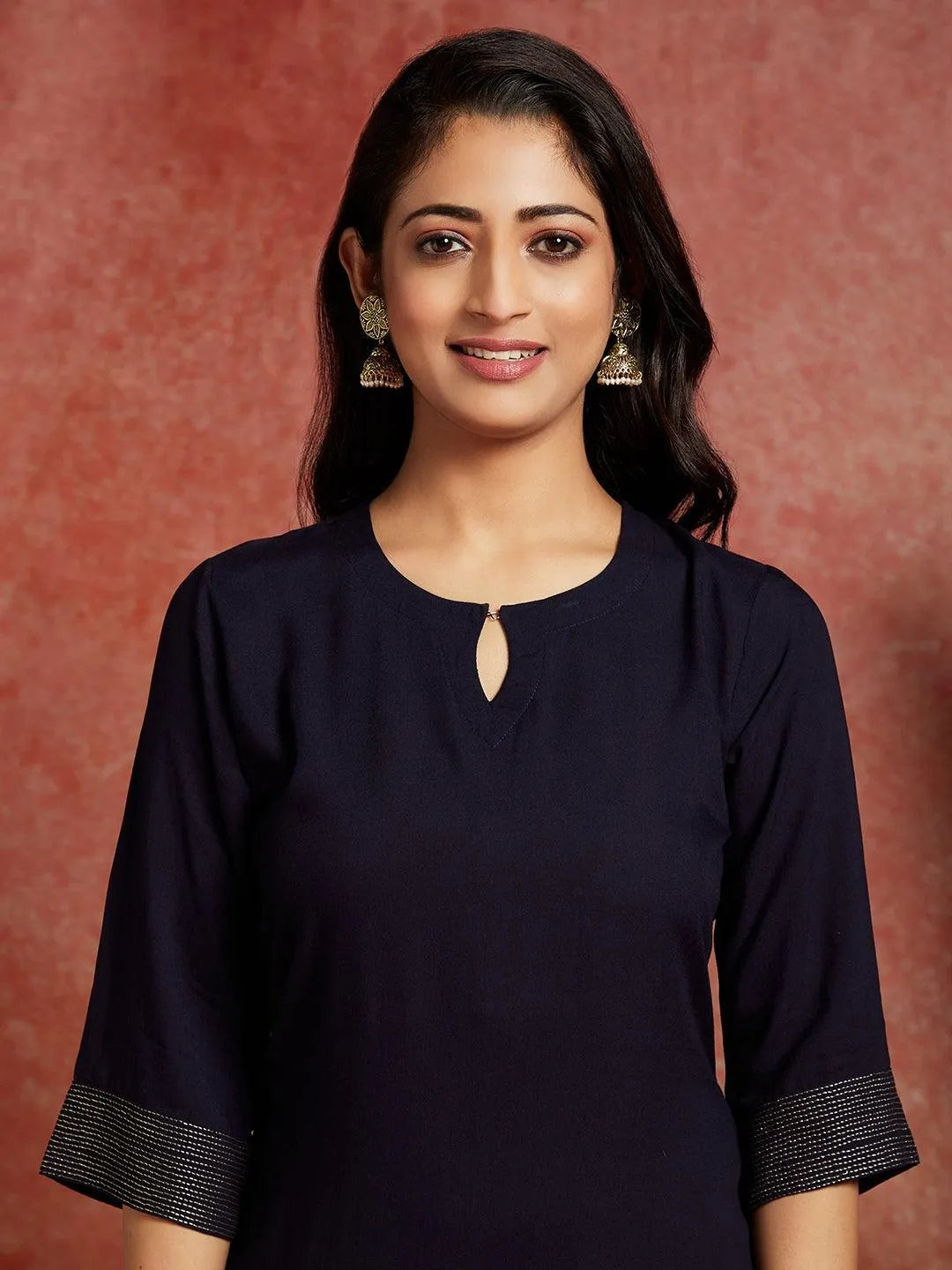 Navy Blue Solid Rayon Straight Kurta - Libas 