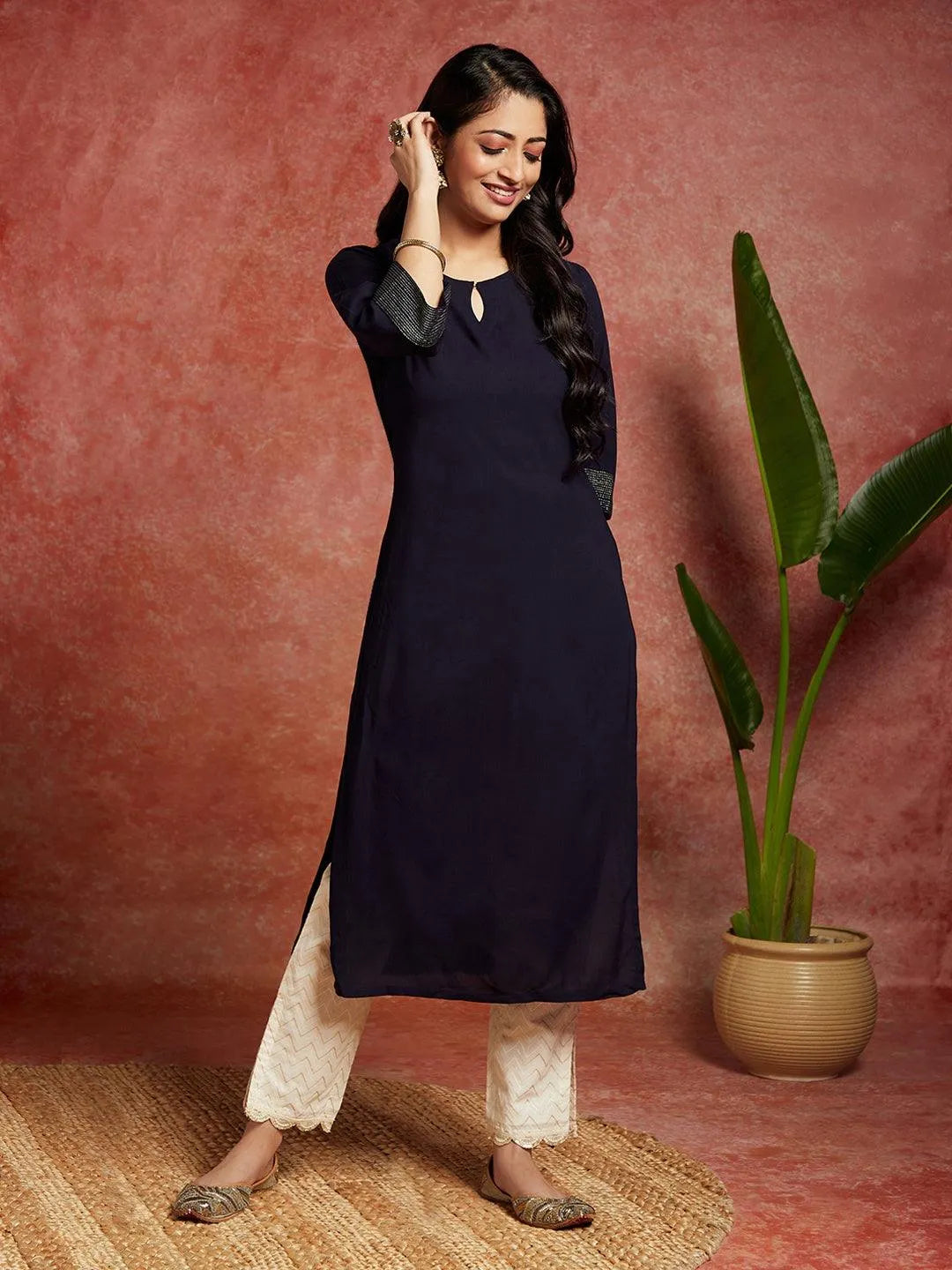 Navy Blue Solid Rayon Straight Kurta - Libas 