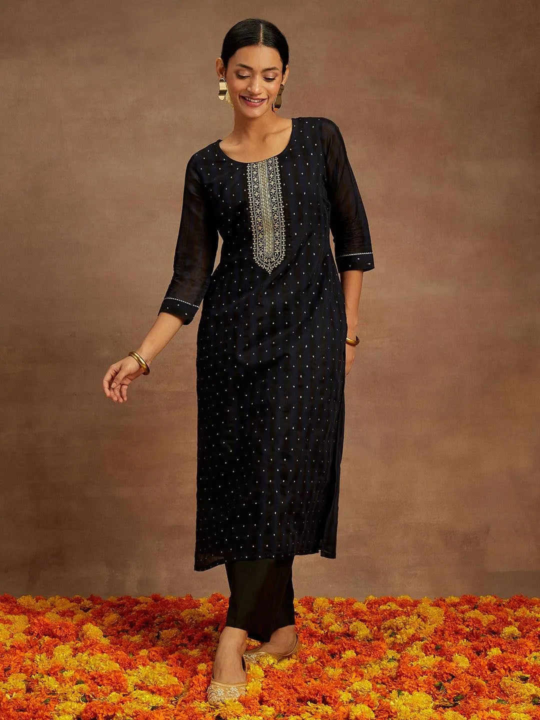 Navy Blue Woven Design Chanderi Silk Straight Kurta - Libas 