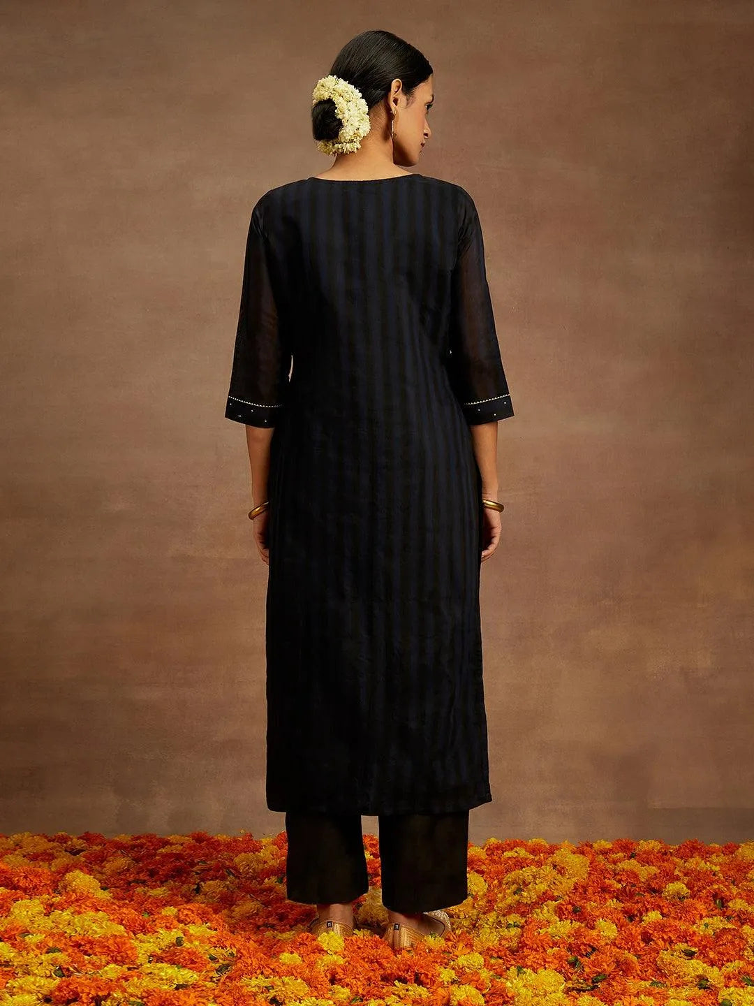 Navy Blue Woven Design Chanderi Silk Straight Kurta - Libas 