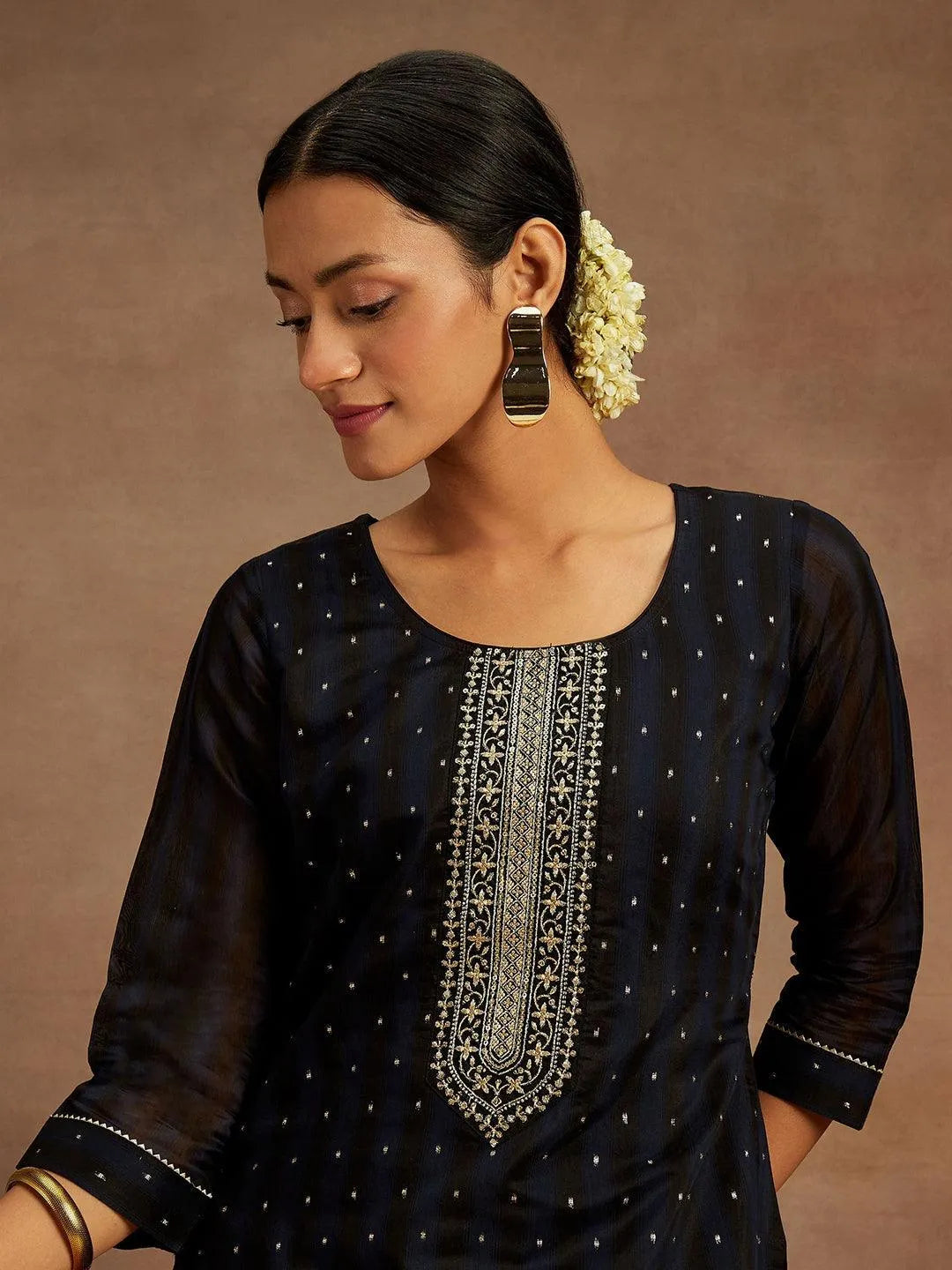 Navy Blue Woven Design Chanderi Silk Straight Kurta - Libas 