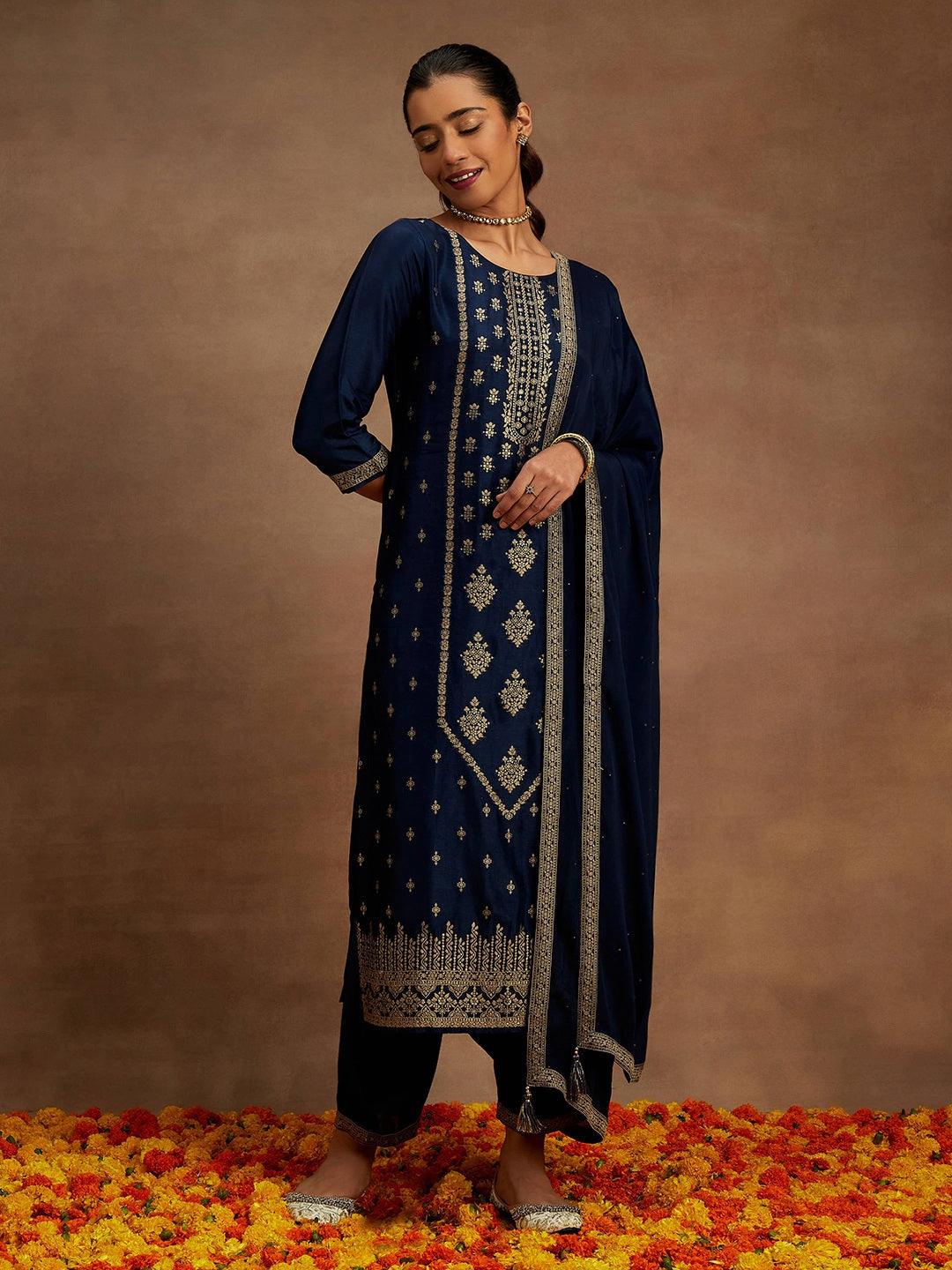 Blue Woven Design Silk Blend Pakistani Suit