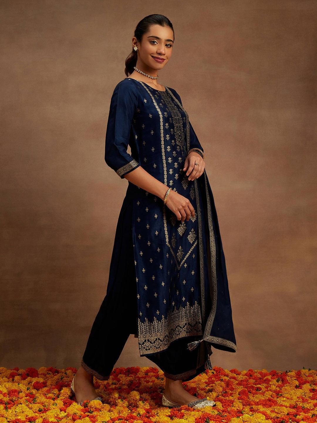Blue Woven Design Silk Blend Pakistani Suit