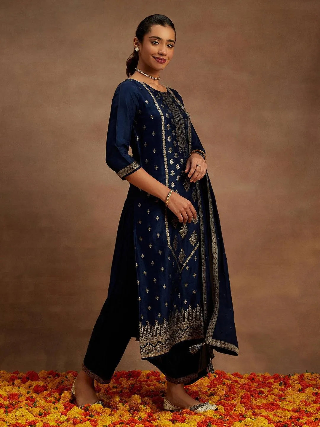 Navy Blue Woven Design Silk Blend Straight Kurta With Trousers & Dupatta - Libas 